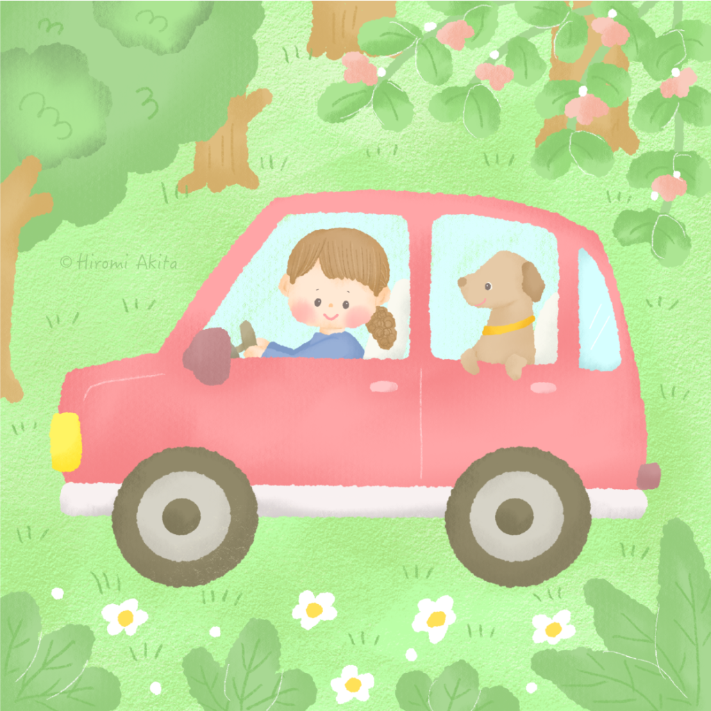 女性ドライバーの日 車イラスト ドライブイラスト イラスト 子供イラスト オリジナルイラスト かわいいイラスト ゆるイラスト iPad Procreate プロクリエイト イラストメイキング やさしいイラストkidlit 動物イラスト ほのぼの