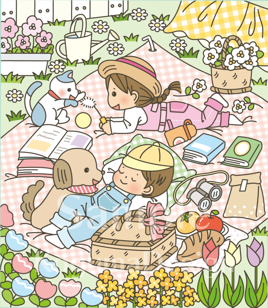 まちがいさがし 挿絵 パズル誌 イラスト 子供イラスト 絵本 児童書 保育 子供 マガジン・マガジン 動物イラスト 子供イラスト 保育園 保育士 ピクニック 庭 春 花