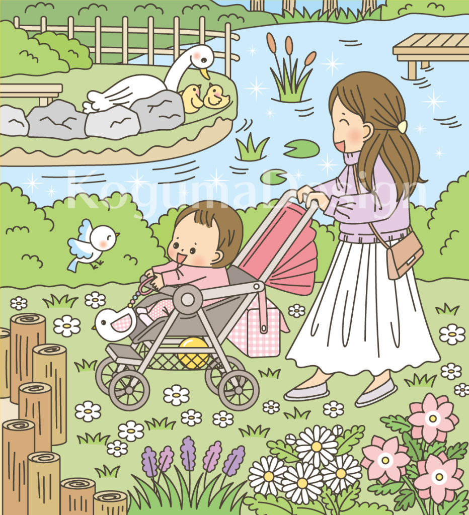 まちがいさがし 挿絵 パズル誌 イラスト 子供イラスト 絵本 児童書 保育 子供 晋遊舎 動物イラスト 子供イラスト 保育園 保育士 動物 赤ちゃん ママ ベビーカー 散歩