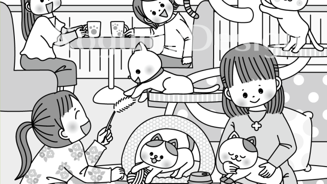 まちがいさがし 挿絵 パズル誌 イラスト 子供イラスト 絵本 児童書 保育 子供 晋遊舎 動物イラスト 子供イラスト 保育園 保育士 ねこ 猫カフェ キャットタワー カフェ ねこ