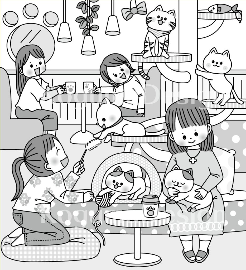 まちがいさがし 挿絵 パズル誌 イラスト 子供イラスト 絵本 児童書 保育 子供 晋遊舎 動物イラスト 子供イラスト 保育園 保育士 ねこ 猫カフェ キャットタワー カフェ ねこ