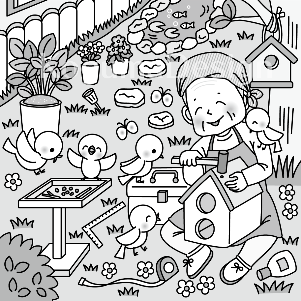 まちがいさがし 挿絵 パズル誌 イラスト 子供イラスト 絵本 児童書 保育 子供 晋遊舎 動物イラスト 子供イラスト 小鳥 おじいちゃん 日曜大工