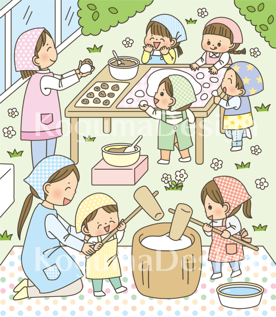 まちがいさがし 挿絵 パズル誌 イラスト 子供イラスト 絵本 児童書 保育 子供 マガジン・マガジン 動物イラスト 保育園 保育士 保育園行事 保育園製作 餅つき 冬のイラスト お正月 正月準備