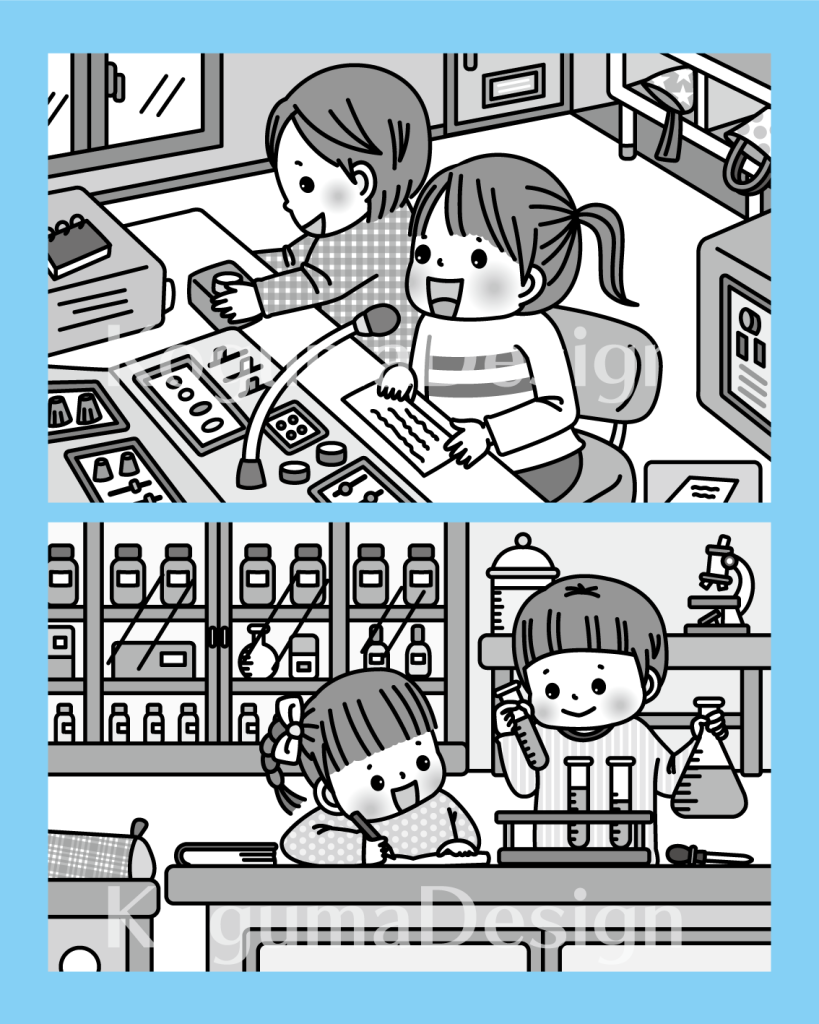 まちがいさがし 挿絵 パズル誌 イラスト 子供イラスト 絵本 児童書 保育 子供 晋遊舎 動物イラスト 子供イラスト 家族 子供 小学生 学校 教育 放送室 理科室