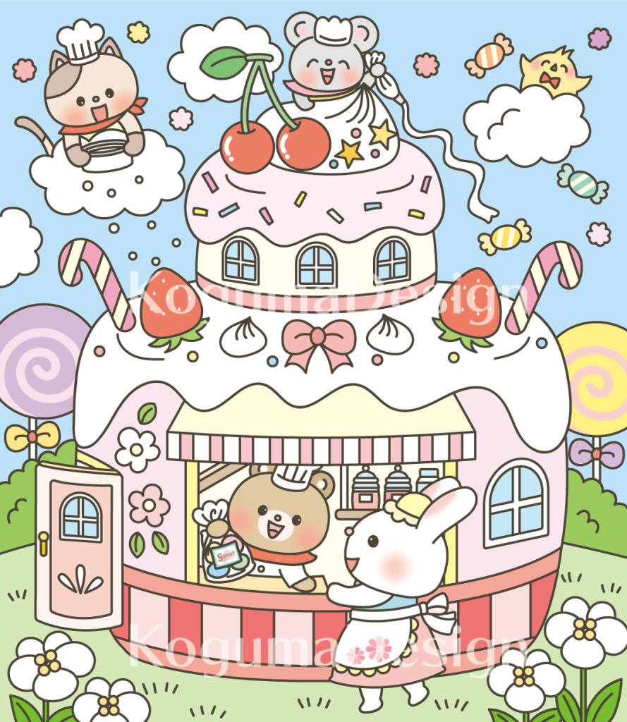 まちがいさがし 挿絵 パズル誌 イラスト 子供イラスト 絵本 児童書 保育 子供 マガジン・マガジン 動物イラスト 保育園 保育士 おお菓子イラスト ケーキ屋さん ファンタジーイラスト
