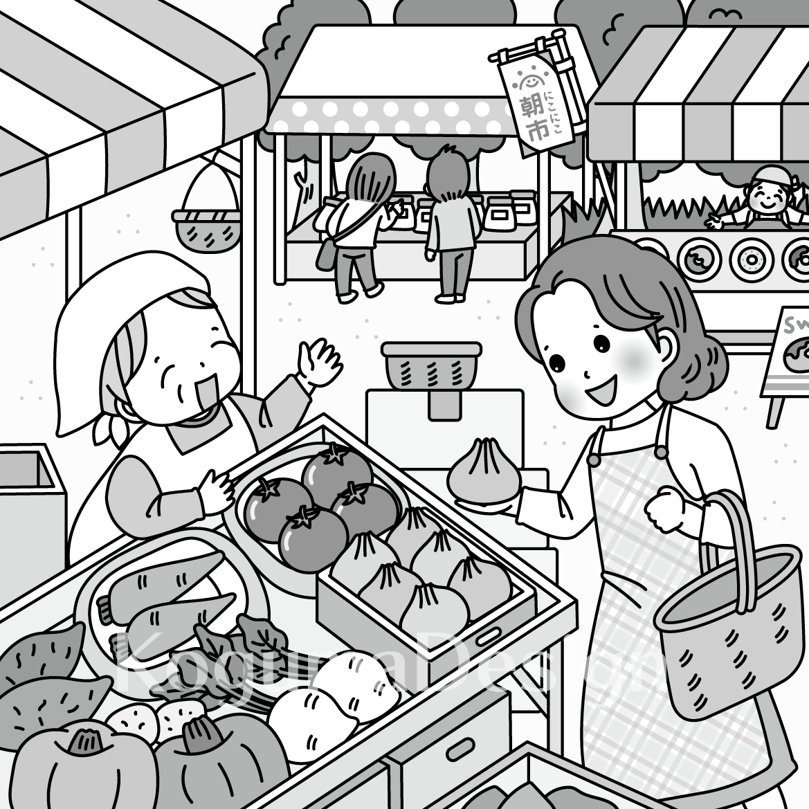まちがいさがし 挿絵 パズル誌 イラスト 子供イラスト 絵本 児童書 保育 子供 晋遊舎 動物イラスト 子供イラスト お年寄り おじいちゃん おばあちゃん 買い物 マルシェ 朝市